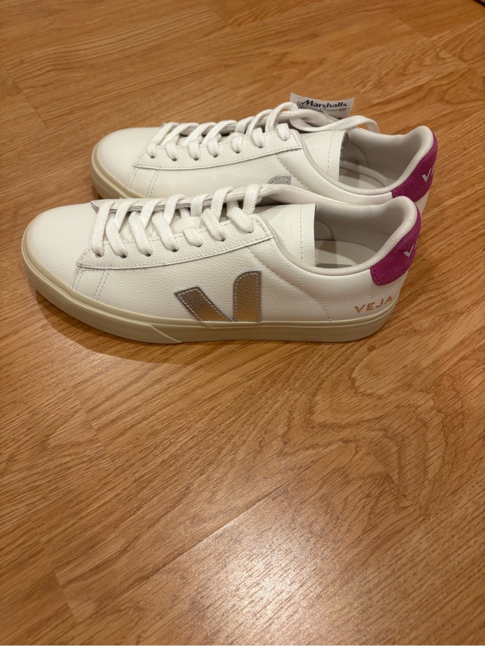 Veja White Leather Sneakers with Pink Heel and Gold V Logo
